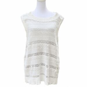 Joie Size L White Cotton Open Knit Sleeveless Sweater Tunic Coastal Boho